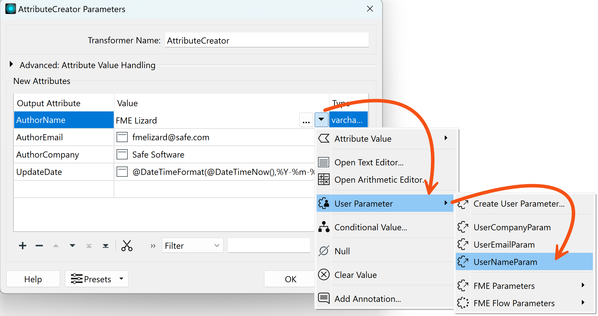 Setting an attribute value to a user parameter